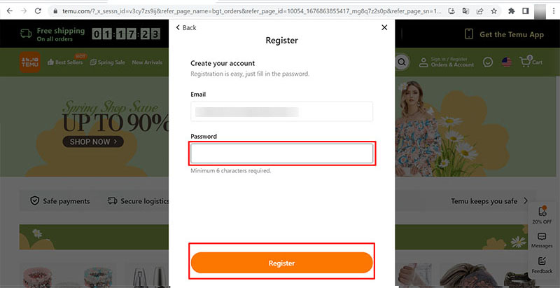 Nhập mật khẩu, nhấp Register hoàn thiện đăng ký