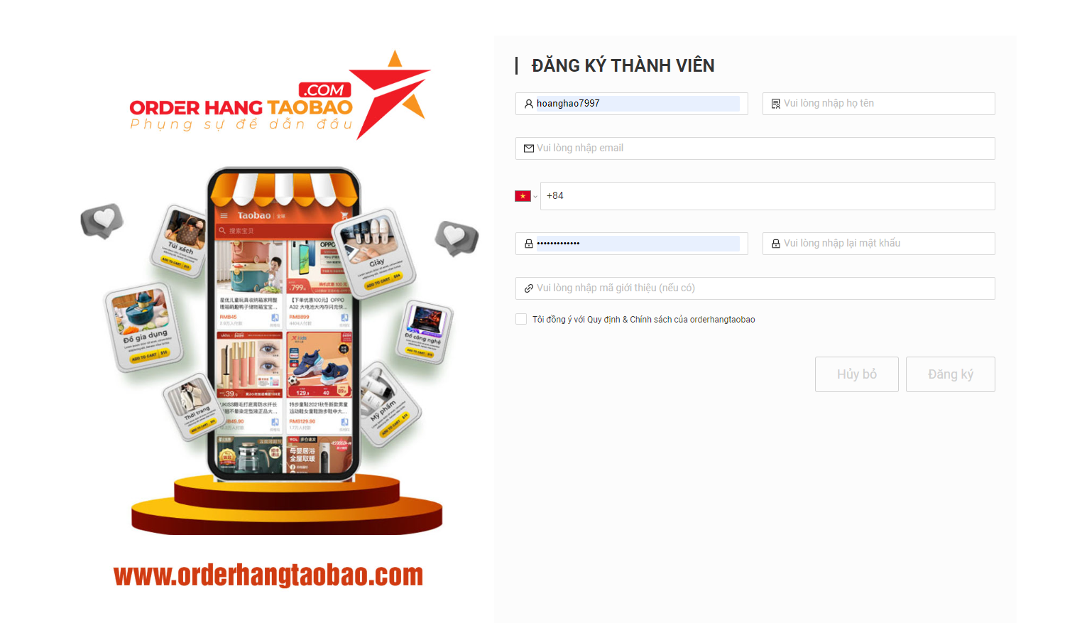 Đăng ký tài khoản trên website để sử dụng dịch vụ của Orderhangtaobao.com